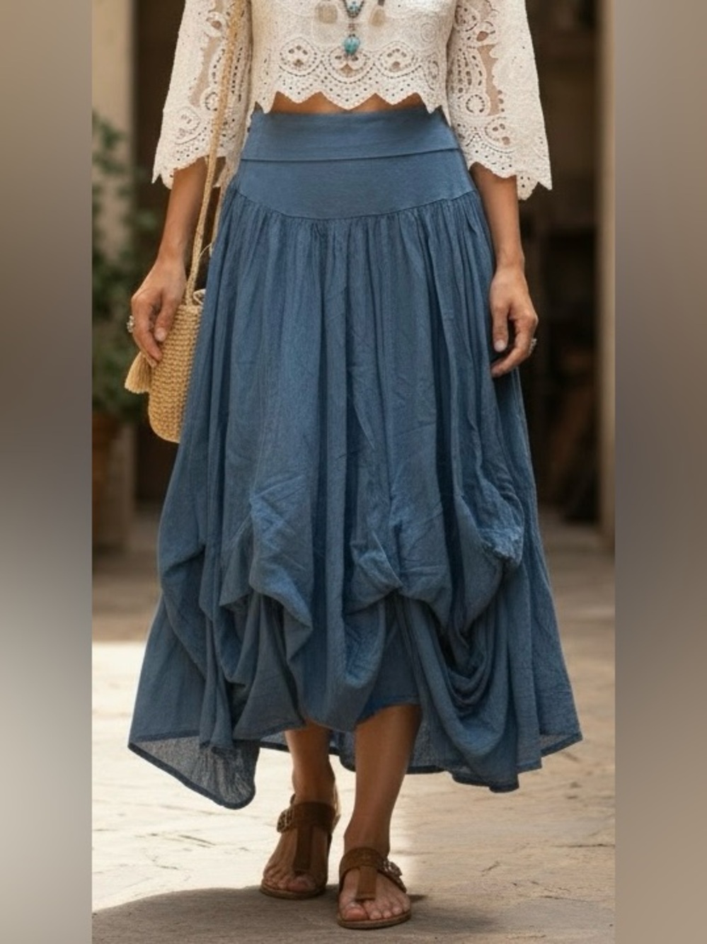 MWT! Bohemian Gathered 100% Cotton Maxi Skirt - Blue